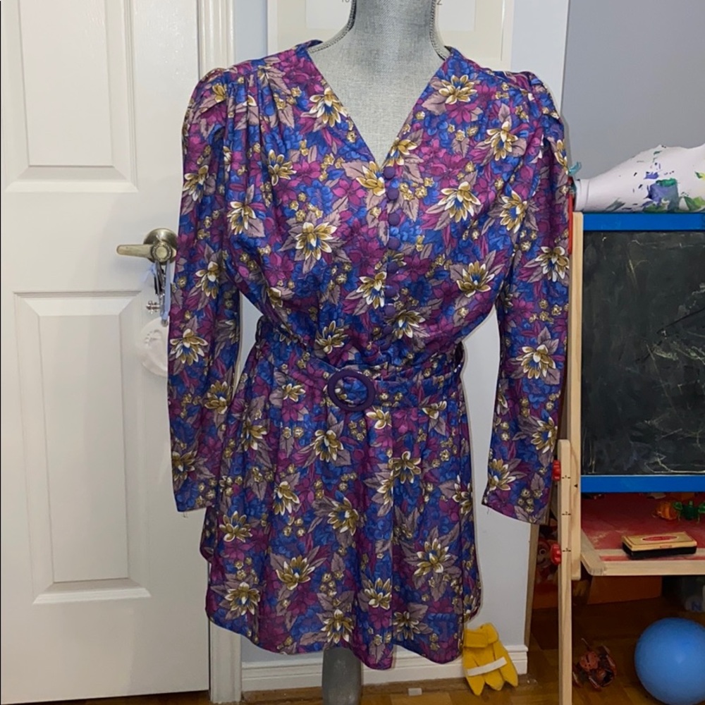 Vintage Floral Dress with Shoulder Pads and Belt